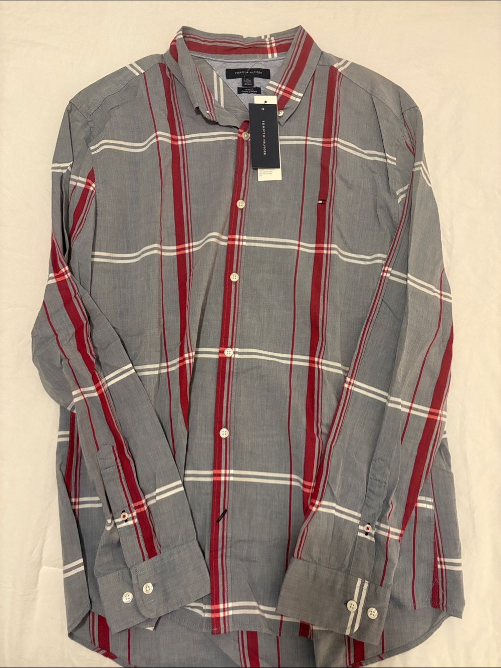 Men’s XL Tall Tommy Hilfiger Gray Shirt with Burgundy and White Plaid Stripes